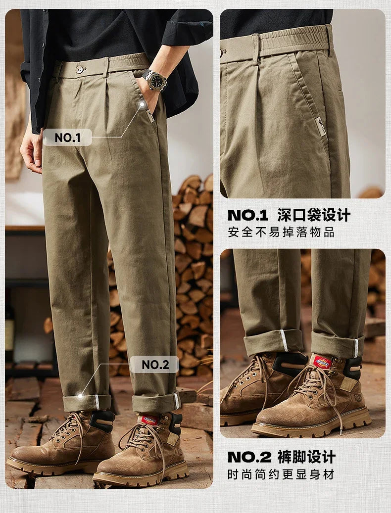 2025 New in Men's Straight Pant Elastic Waist Chino Trouser Cargo Male Regular Fit Cotton Stretch Spring Casual Korean Golf Wear