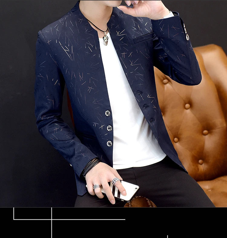 Men's Printed Small Suit Male Korean Version of The Self-cultivation Stand-up Collar Chinese Tunic Casual Suit Thin Jacket Youth