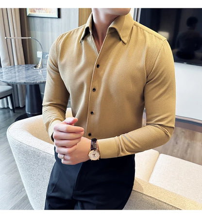 Autumn Solid Color Waffle Shirt Men Slim Fit V Neck Long Sleeve Casual Business Formal Dress Shirts Social Party Streetwear 4XL