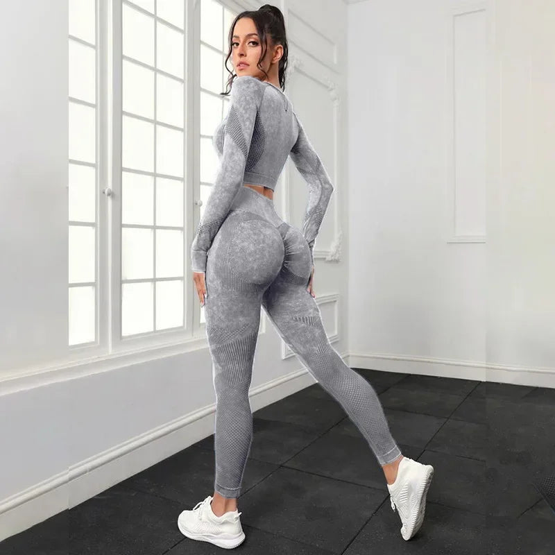 Mileegirl 2pcs Gym Sets Women, Seamless Sports Pants  Hollow Out Tights Long sleeves Fitness Sets Workout Legging Outifts Suits