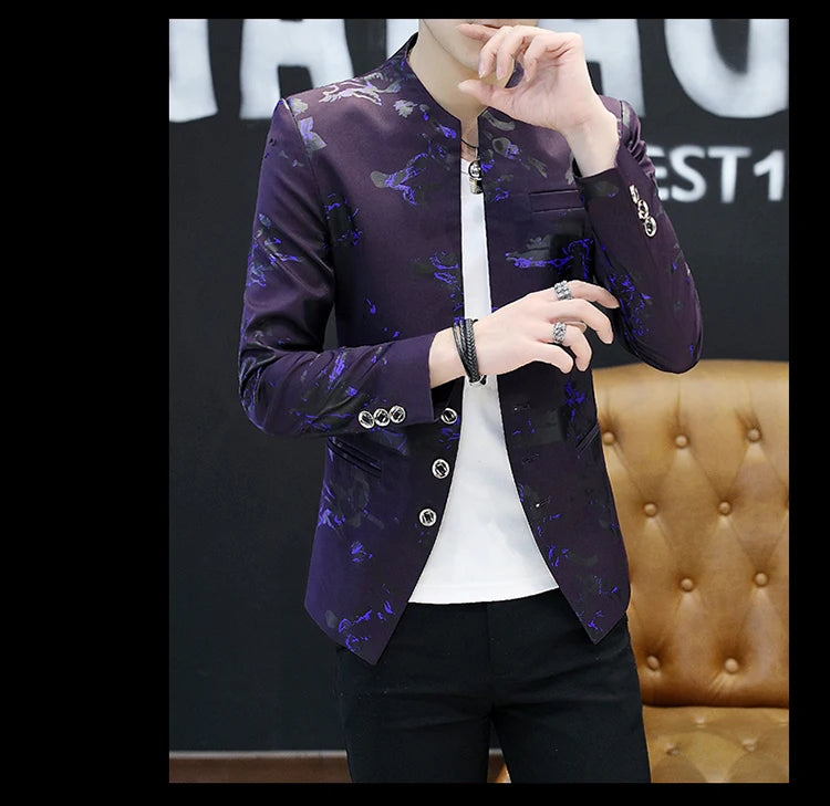 Men's Printed Small Suit Male Korean Version of The Self-cultivation Stand-up Collar Chinese Tunic Casual Suit Thin Jacket Youth