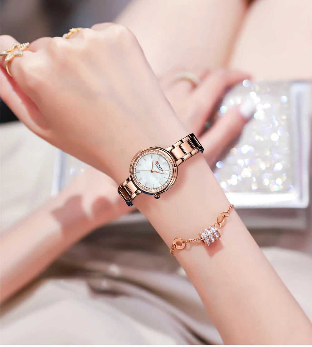 CURREN Luxury Brand Women's Wristwatches with Starry Sky Dial Stainless Steel Band Quartz Watches Ladies Rhinestones Clock