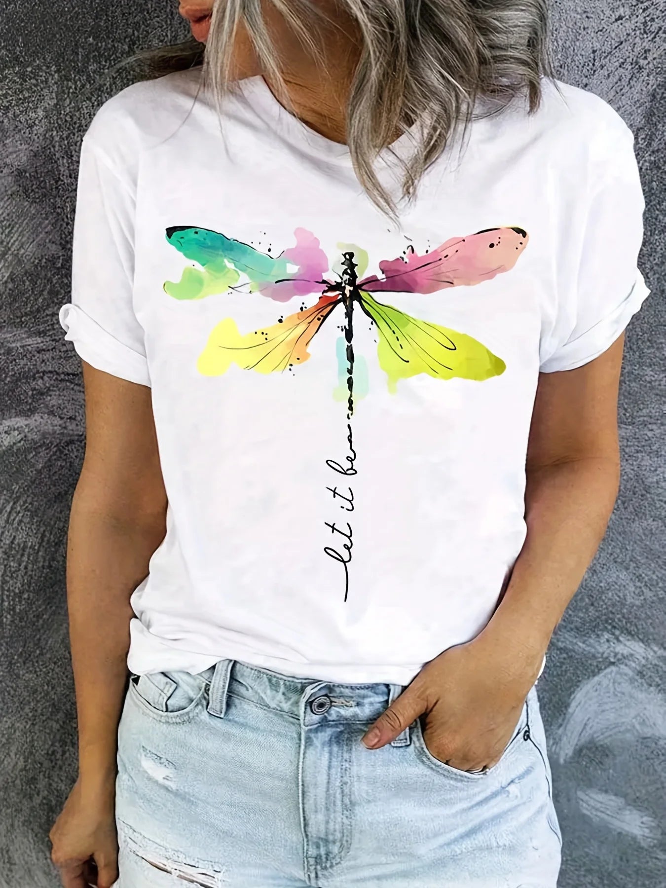 Dragonfly Print Crew Neck T-Shirt, Casual Short Sleeve T-Shirt For Spring & Summer, Women's Clothing