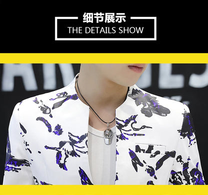 Men's Printed Small Suit Male Korean Version of The Self-cultivation Stand-up Collar Chinese Tunic Casual Suit Thin Jacket Youth