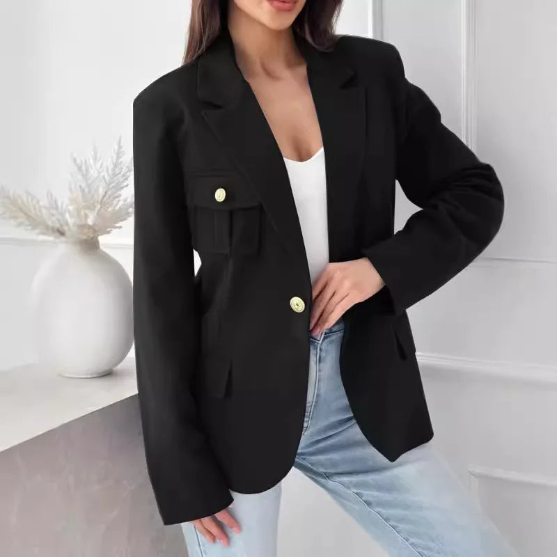 Women's Long-sleeved Double-breasted Solid Color Suit Jacket