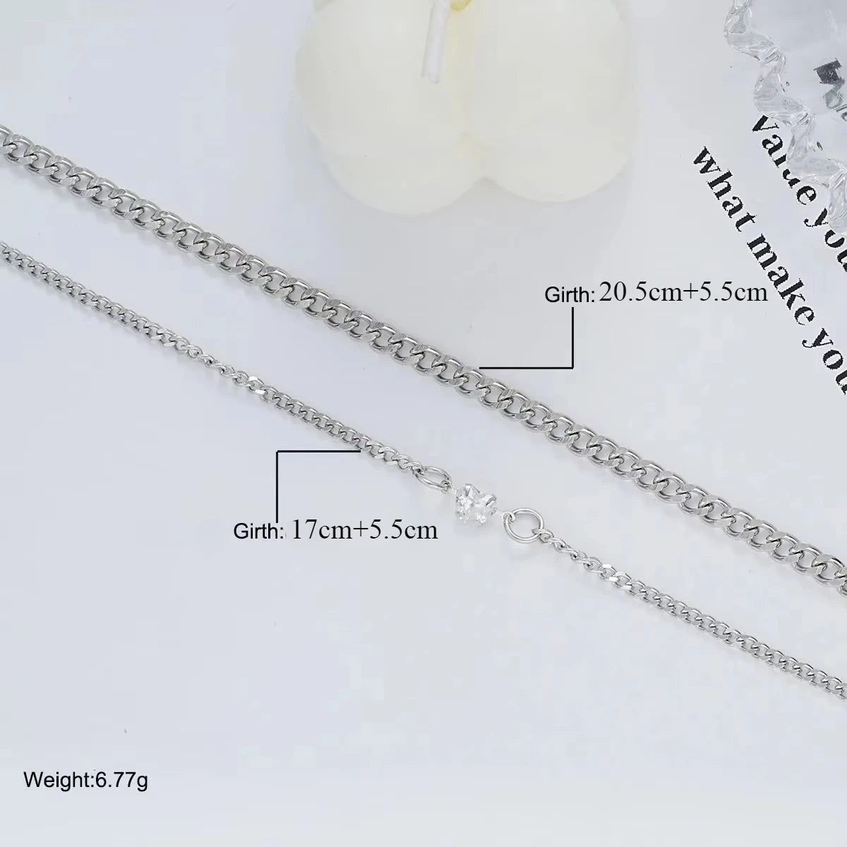 2PCS Simple Fashion Stainless Steel Bracelet Set for Couple Unisex Women Men Lover Crystal Heart Silvery Chain Bracelets Jewelry