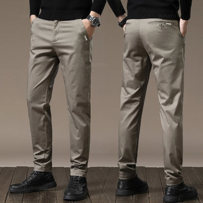 New High Quality Combed Cotton Casual Pants Men Thick Solid color Business Fashion Straight Fit Chinos Gray Brand Trousers Male