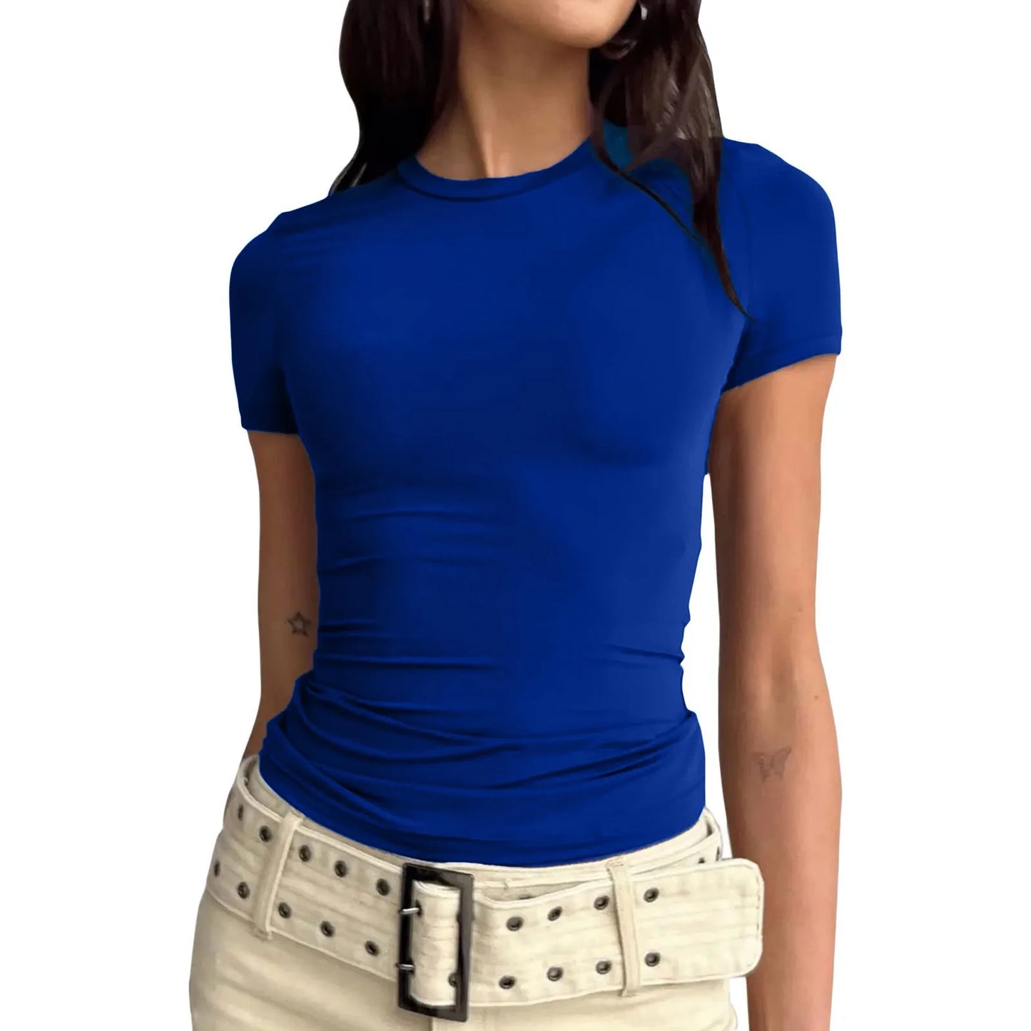 Women Short Sleeve Soild Sexy Cute Tee Slim Fit Tight Crop-Top T Shirt Tops for Women Womens Tops and Blouse 2024 Tops for Women