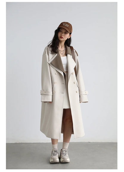 CHIC VEN Women Trench Coat Solid Loose Contrast Double Collar Double Breasted Long Women's Windbreaker Office Lady Spring Autumn