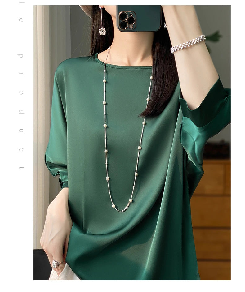 New Acetic Satin Nine-Sleeve T-shirt in Summer Women's Round Neck Loose Large Size Wide Sleeves Outside