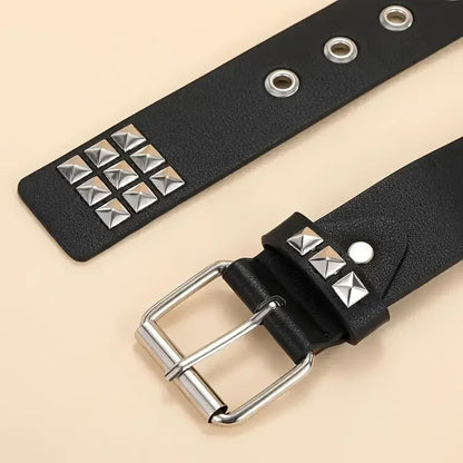 Punk style rivet belt set, equipped with stainless steel square buckle, PU panel material, male and female pyramid rivet decorat