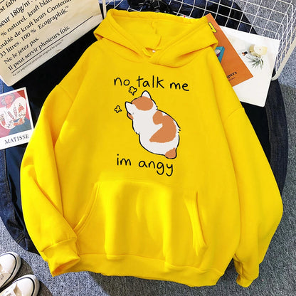 No Talk Me Cute Angry Cat Print Women Hoody Hip Hop Soft Hoodies Casual Fleece Pullovers Oversize Fleece Woman Streetwear