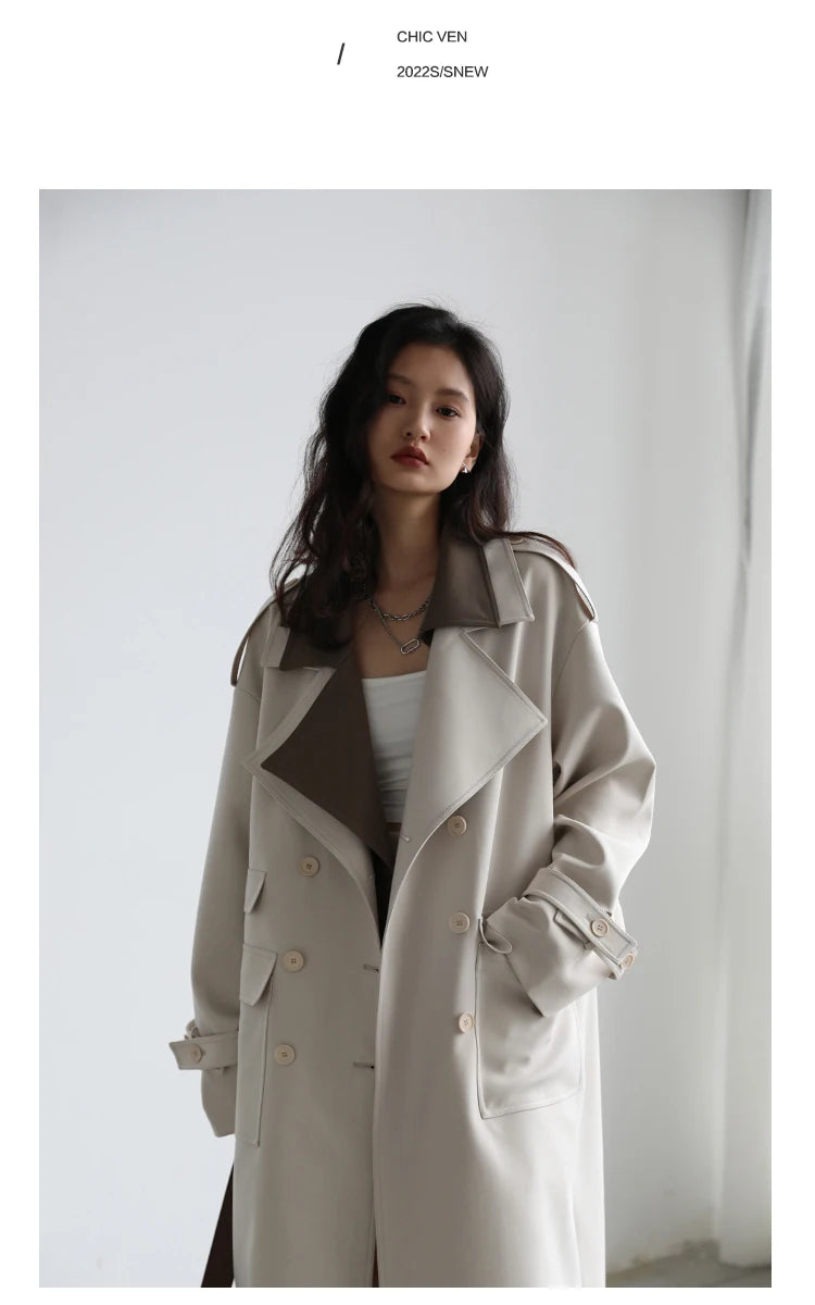 CHIC VEN Women Trench Coat Solid Loose Contrast Double Collar Double Breasted Long Women's Windbreaker Office Lady Spring Autumn