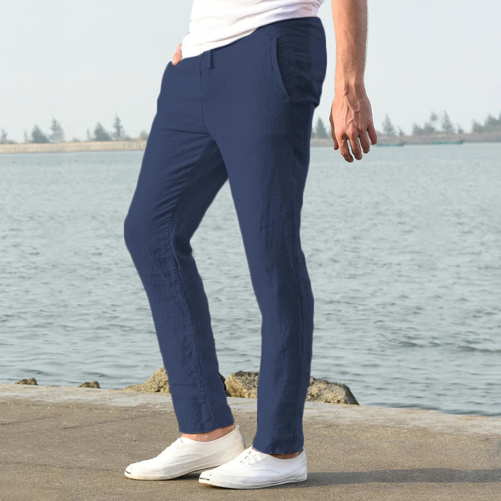 Men's Cotton Linen Pants Male Autumn New Breathable Solid Color Linen Trousers Fitness Streetwear S-3XL