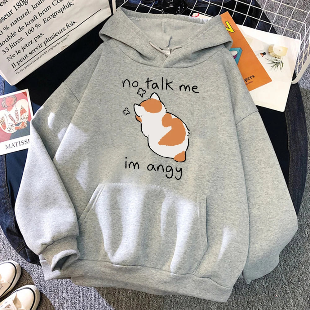 No Talk Me Cute Angry Cat Print Women Hoody Hip Hop Soft Hoodies Casual Fleece Pullovers Oversize Fleece Woman Streetwear