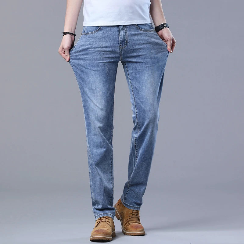 Spring Men's Light Blue Slim Jeans Stylish Casual Stretch Fabric Denim Pants Classic Trousers Smoke Gray