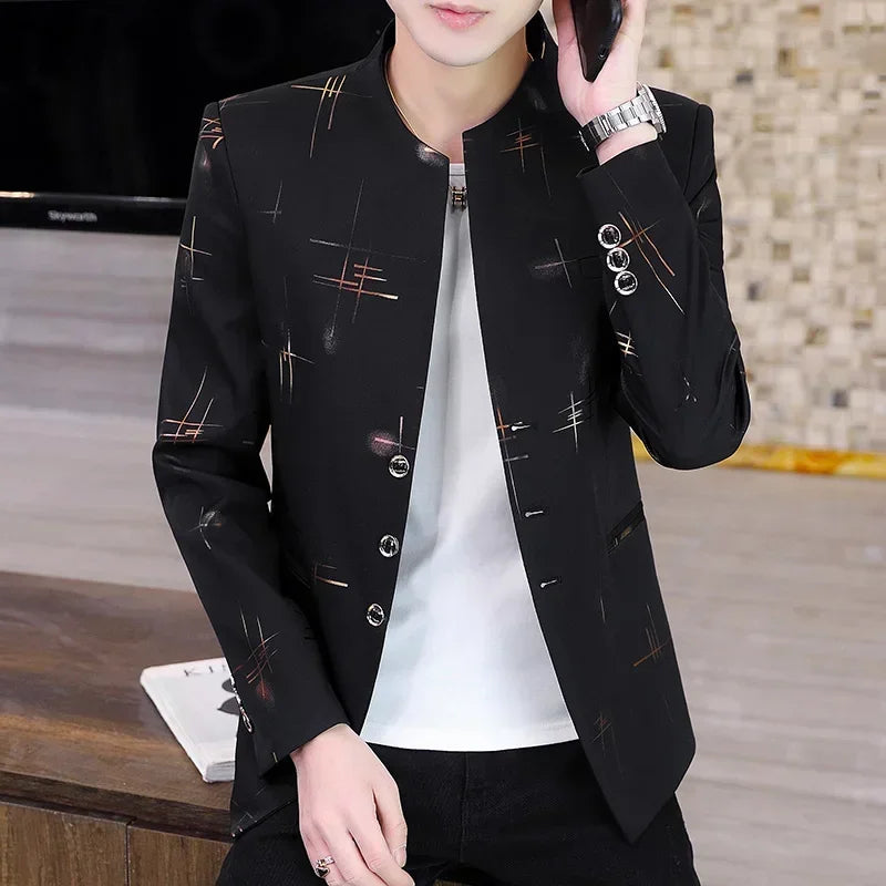 Men's Printed Small Suit Male Korean Version of The Self-cultivation Stand-up Collar Chinese Tunic Casual Suit Thin Jacket Youth