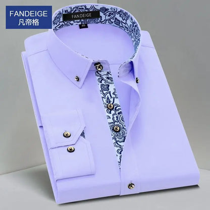 Blue and White Men's Dress Collar Shirt Long Sleeve Solid Color Printing Casual Business Slim Fit Cotton Shirts Anti-Wrinkle