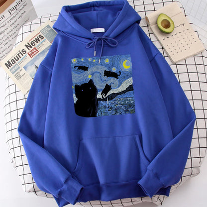 The Starry Cat Night Printing Hoodies Men Autumn Oversize Hoodie Fashion Fleece Sweatshirts Casual S-Xxl Pullover Tops