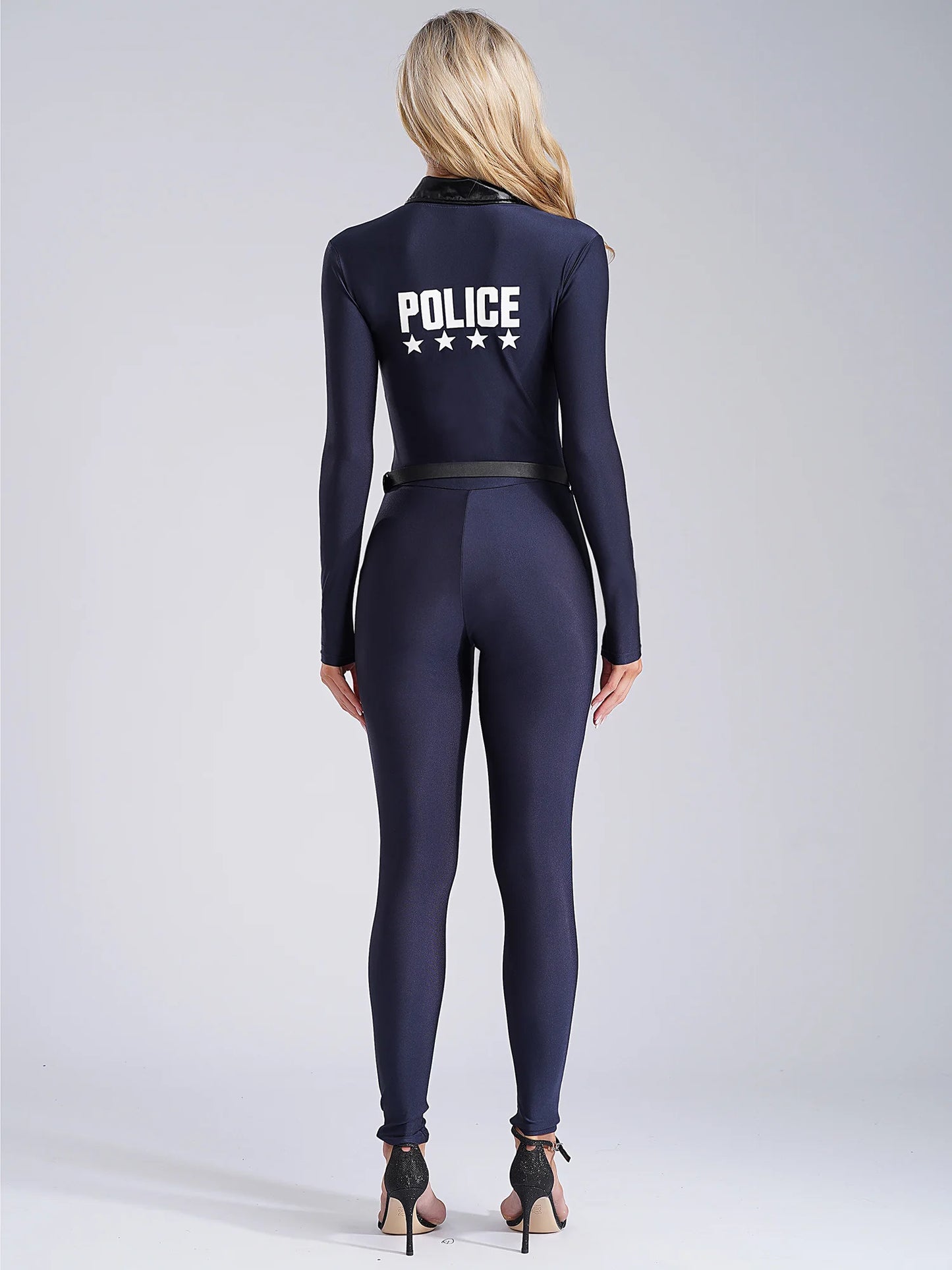 Women Police Cosplay Costume Long Sleeve Zip Up Overall Jumpsuit with Bag Belt Career Theme Party Rave Dance Bodysuits