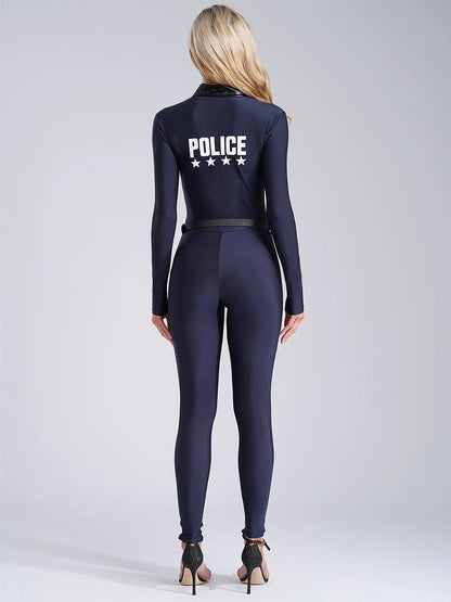 Women Police Cosplay Costume Long Sleeve Zip Up Overall Jumpsuit with Bag Belt Career Theme Party Rave Dance Bodysuits