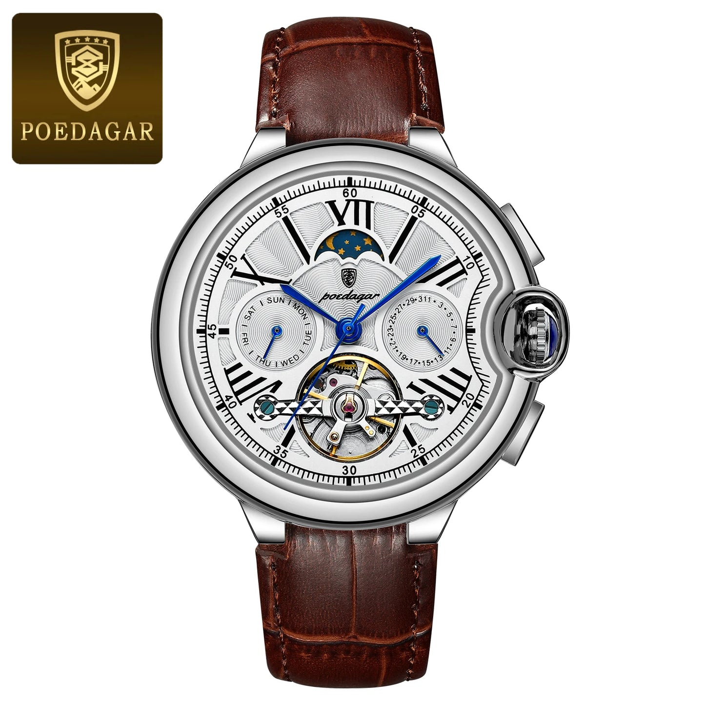 POEDAGAR Luxury Man Watch Hollow Tourbillon Automatic Mechanical Men Watch Waterproof Date Week Stainless Steel Men's Watches