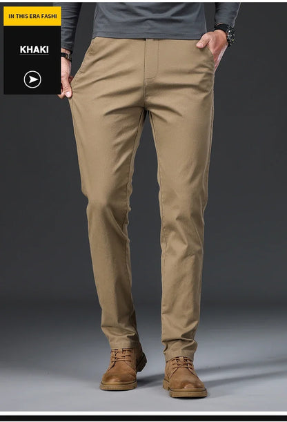 97% Cotton Men's Casual Pants Autumn Fashion Comfortable Elastic Slim Straight Business Trousers Black ArmyGreen Khaki