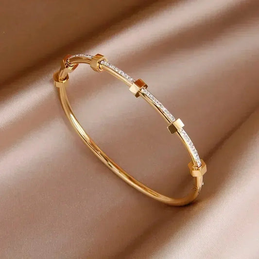 Trendy Round Cubic Zirconia Bangles For Women Men Gold Color Silver Color Stainless Steel Crystal Bangle Party Jewelry