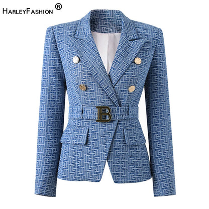 Custom Luxury Washed Fabric Wholesale Geometric Pattern Denim Jackets for Ladies Women Fashion Blazer with Belt