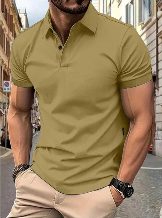 Men's solid color short-sleeved button-down lapel T-shirt casual top