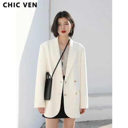 CHIC VEN 2025 Fashion Women's Blazer Office Lady Long Sleeve Double-breasted Mid-length Casual Coat Ladies Outerwear Stylish Top