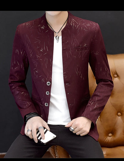 Men's Printed Small Suit Male Korean Version of The Self-cultivation Stand-up Collar Chinese Tunic Casual Suit Thin Jacket Youth