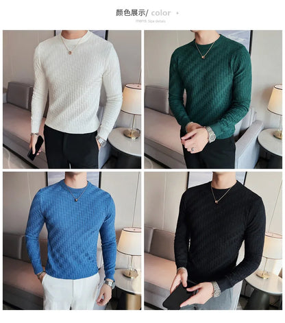 2025 Stretchable Jacquard Woven Winter Crew Neck Sweater Men's Slim Fit Pullover Knitwear Blue, Fashionable Check Pattern