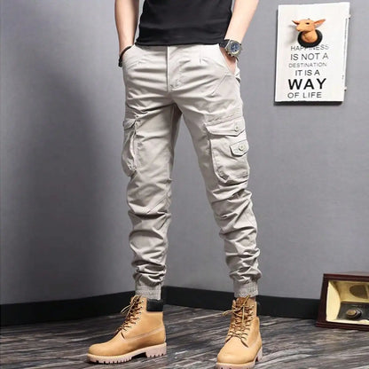 Casual Side Flap Pockets Workwear Tapered Pants, Men's Cargo Pants For Spring Fall Outdoor