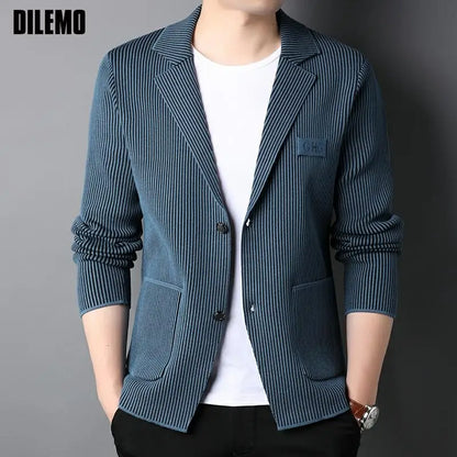 Top Grade New Brand Fashion Slim Fit Blazer Jacket Smart Elegant Stylish Knitted Suit Striped Men Coat Casual Mens Clothes 2025