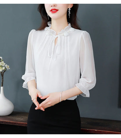 M-4XL Spring Summer Women Tops 2025 New Fashion Chiffon Blouse Petal Collar Half Sleeve Bow tie Loose Casual Shirt