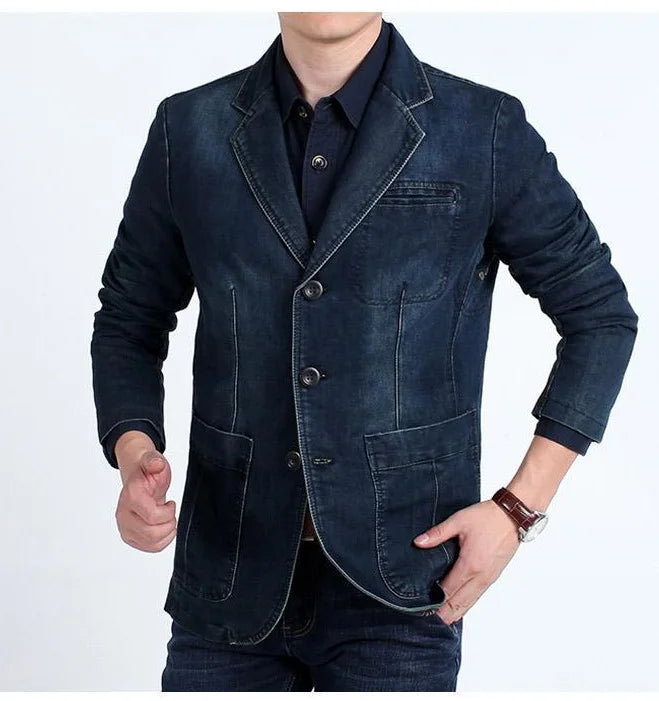 Men's Denim Blazer ,Male Jean Suit Jacket Coat,Three Buttons Denim Outwear ,Size M-4XL