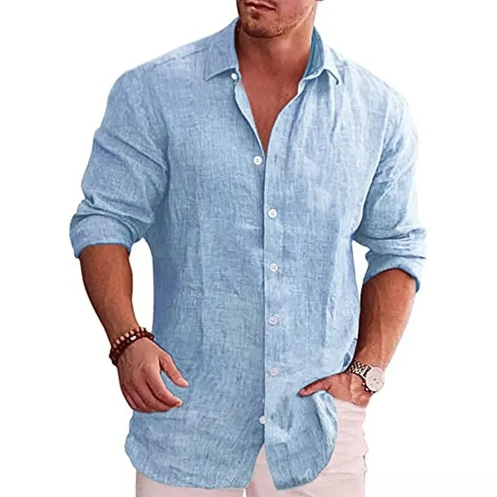 New men's cotton linen autumn hot long-sleeved shirt solid colour versatile casual resort style men's shirt tops