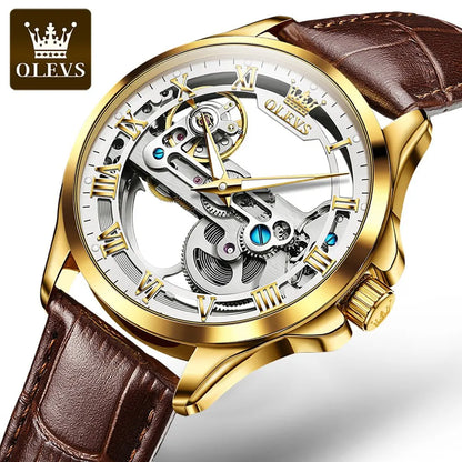 OLEVS Luxury Men Watches Automatic Mechanical Wristwatch Skeleton Design Waterproof Leather Strap Male Watch Reloj Hombre