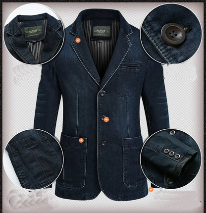 Men's Denim Blazer ,Male Jean Suit Jacket Coat,Three Buttons Denim Outwear ,Size M-4XL