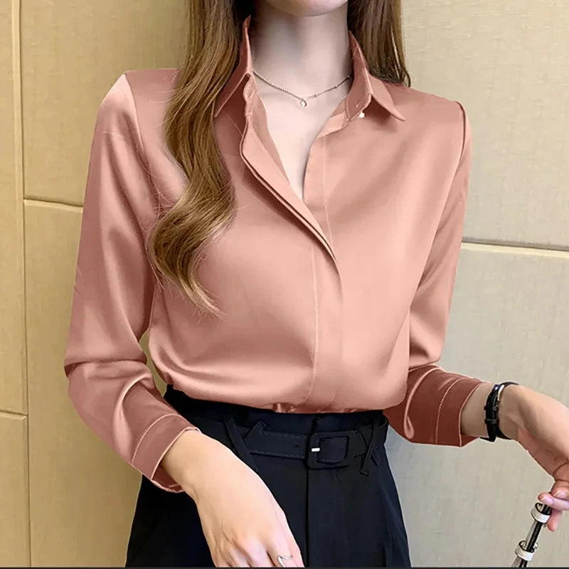 Satin Women Shirt Vintage Long Sleeve Blouse Women Silk Elegant Womens Tops Commuting Luxury White Shirt Autumn Female Clothing