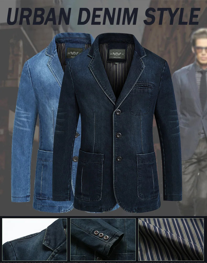 Men's New Blue Denim Suit Jacket with Loose Long Sleeved Design V-neck Casual Coats Black Gray Blazers M-XXXXL