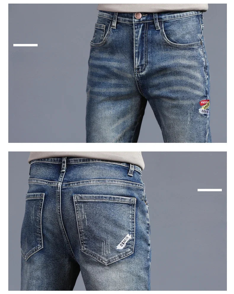 New Men's Vintage Jeans Korean Fashion Slim Little Feet Embroidered Trousers Stretch Male Streetwear Denim Pants