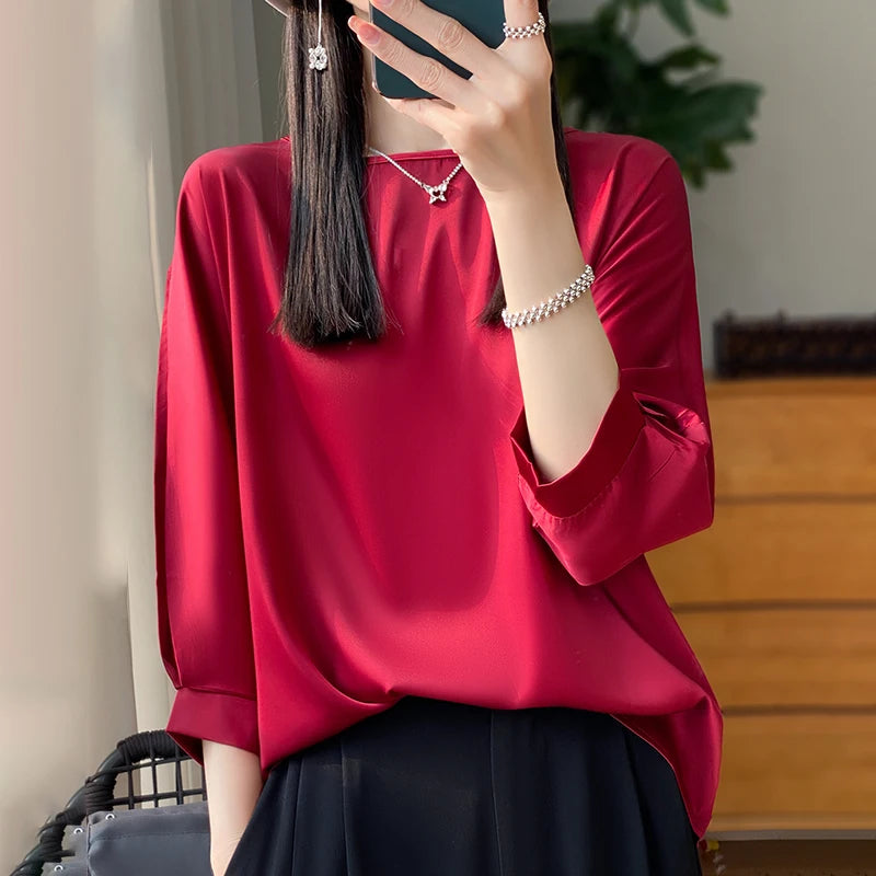 New Acetic Satin Nine-Sleeve T-shirt in Summer Women's Round Neck Loose Large Size Wide Sleeves Outside