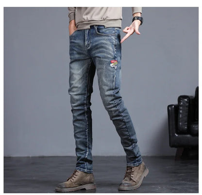 New Men's Vintage Jeans Korean Fashion Slim Little Feet Embroidered Trousers Stretch Male Streetwear Denim Pants