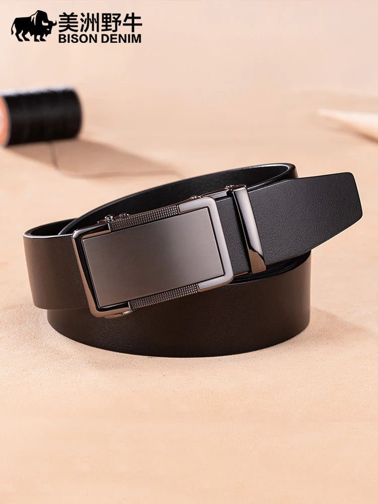 BISON DENIME Male Belts  Automatic Alloy Buckle Business Casual Men Waist Strap Fashion Cow Genuine Leather Belt Free Shipping