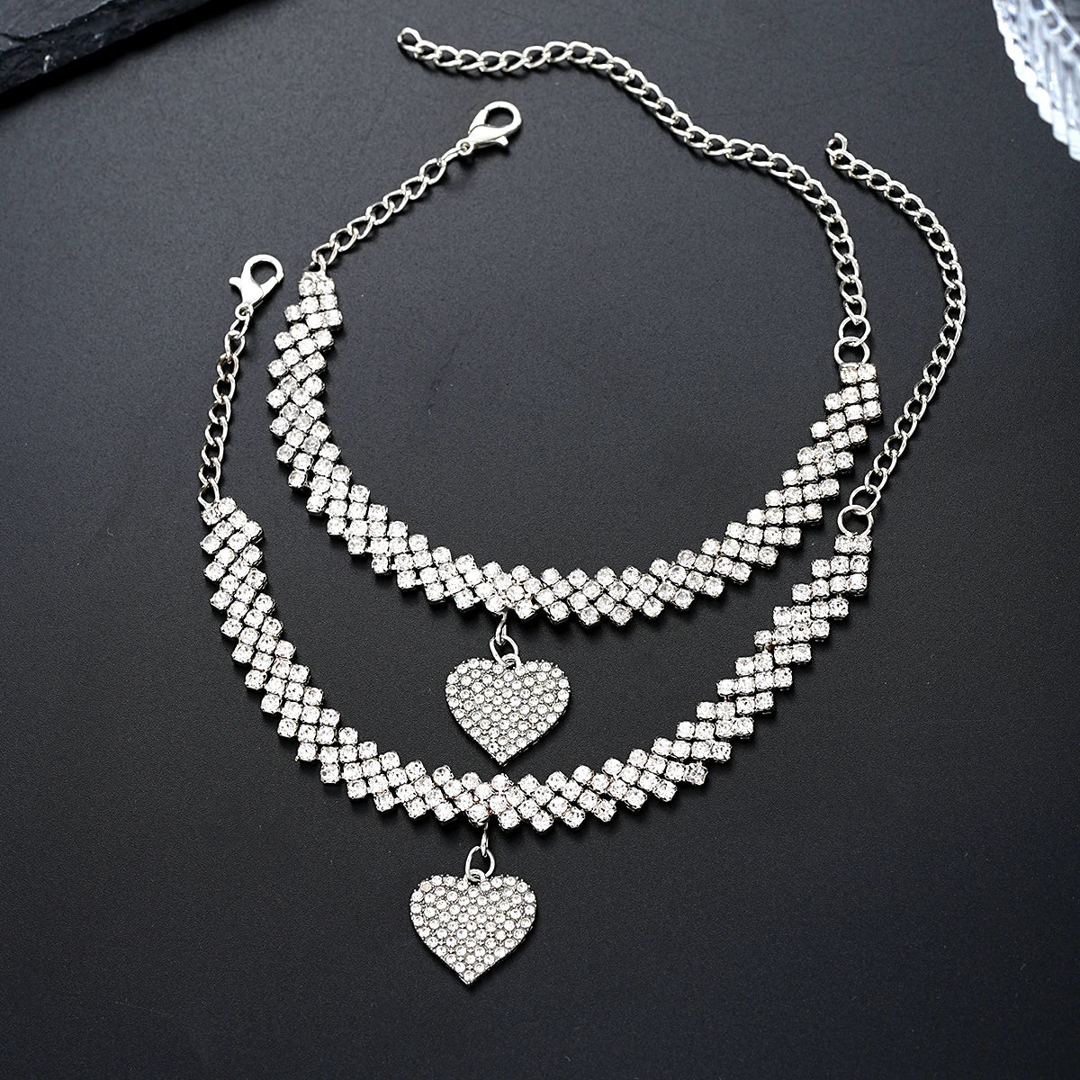 2 Pcs Fashion Silver Color Rhinestone Heart Pendant Anklet for Women Ins Bling Love Foot Ankle Bracelet Set Chain Jewelry Gifts