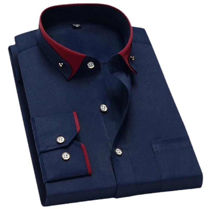 New Fashion Spring Elastic Non-iron Long-sleeved Shirt Men's Youth Crystal Button Patchwork Collar Not Cotton Business Shirt Men