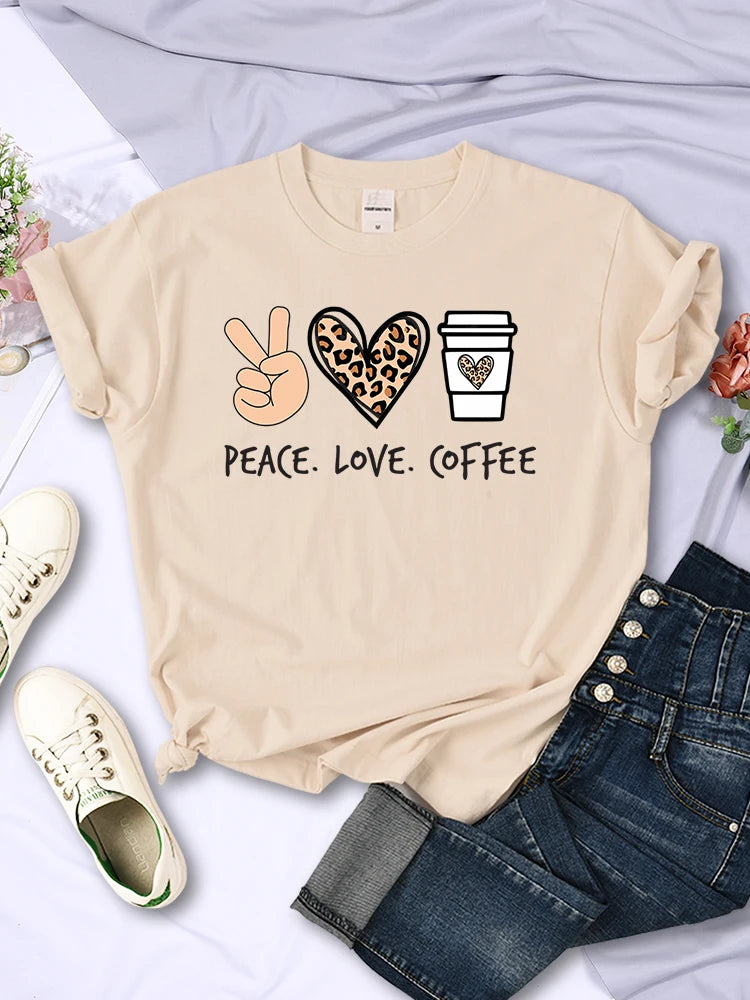 Peace Love Coffee Prints Women Tshirts Cotton High Quality T-Shirts Brand Breathable Tees Shirts Street O-Neck Tshirt For Women