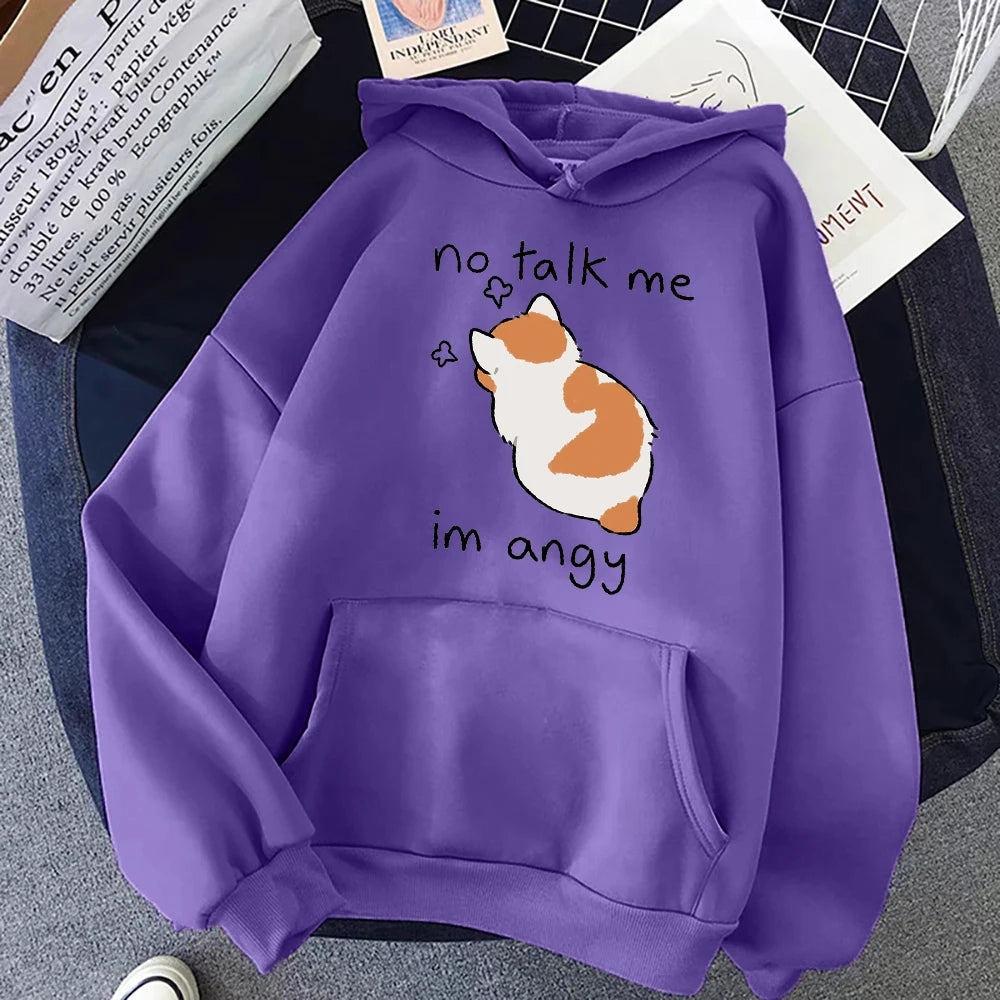 No Talk Me Cute Angry Cat Print Women Hoody Hip Hop Soft Hoodies Casual Fleece Pullovers Oversize Fleece Woman Streetwear